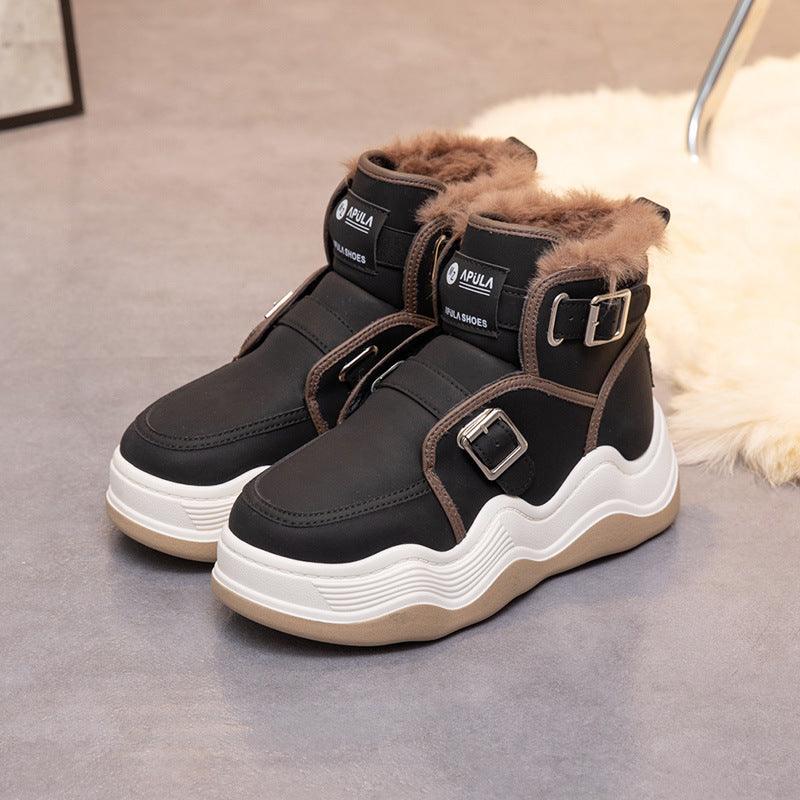 Black high-top elevator sneakers with faux fur collar, double buckles, wavy white sole