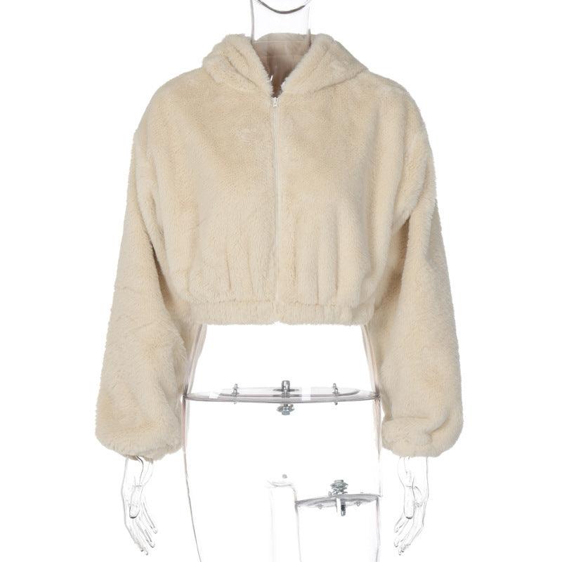 Women’s plush hooded long-sleeve top in light apricot, back view with hood and zip