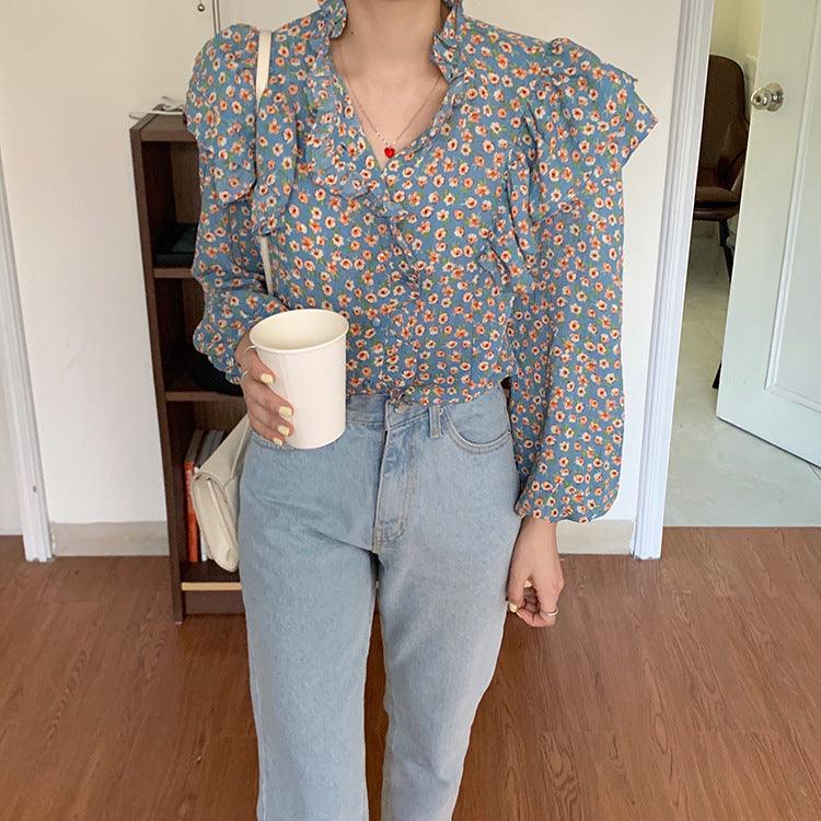 French Retro Floral Blouse Women Wood Ear Shirt Women - WOMONA.COM