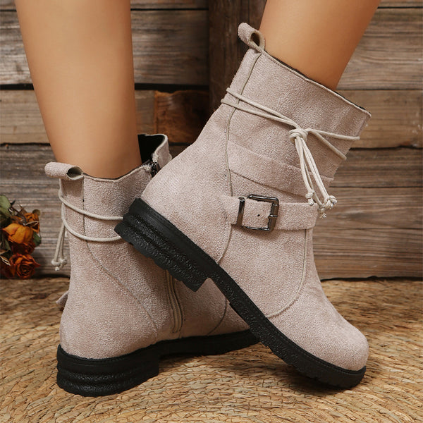 Round Toe Buckle Shoes Casual Retro Boots With Side Zipper Low Heel - WOMONA.COM