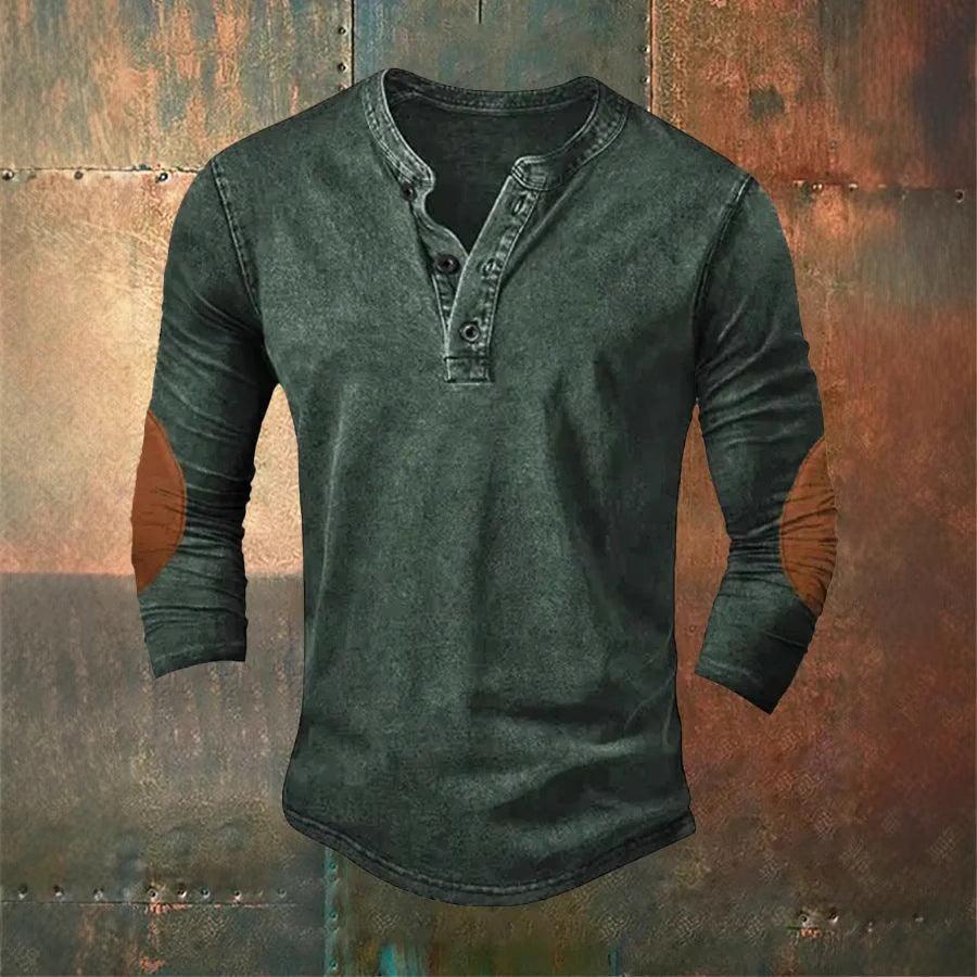 Men's long-sleeve henley sweater, dark green, three-button placket, ribbed cuffs