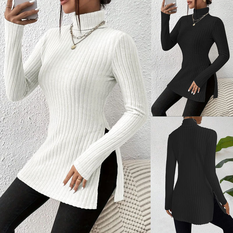 White ribbed long-sleeve mock-neck base shirt with side slit hem