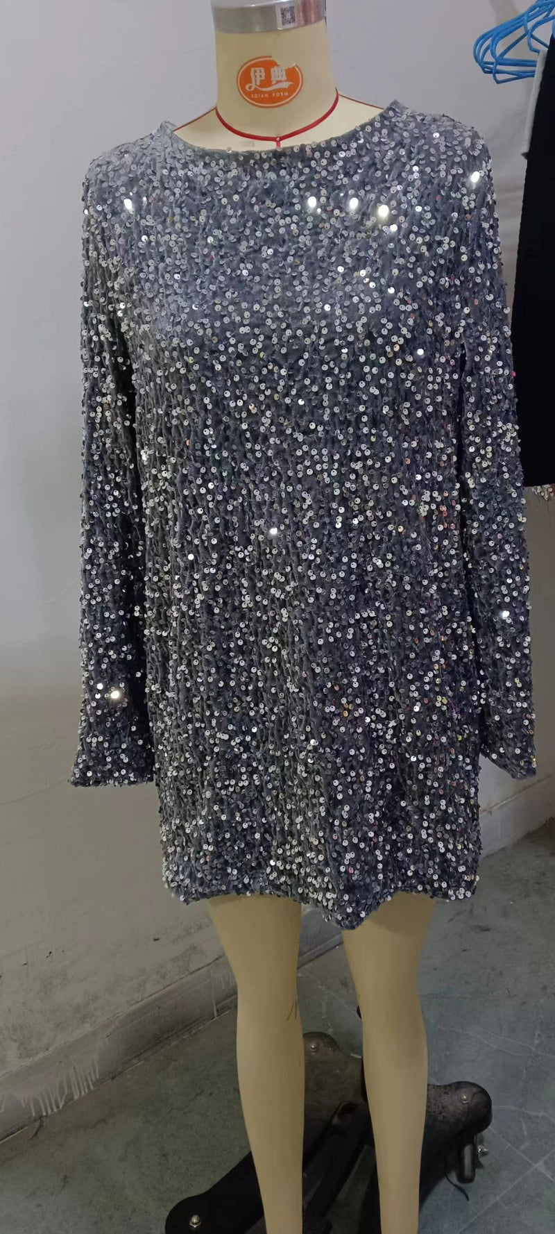 Long Sleeve Loose Sequins Short Spandex Dress - WOMONA.COM