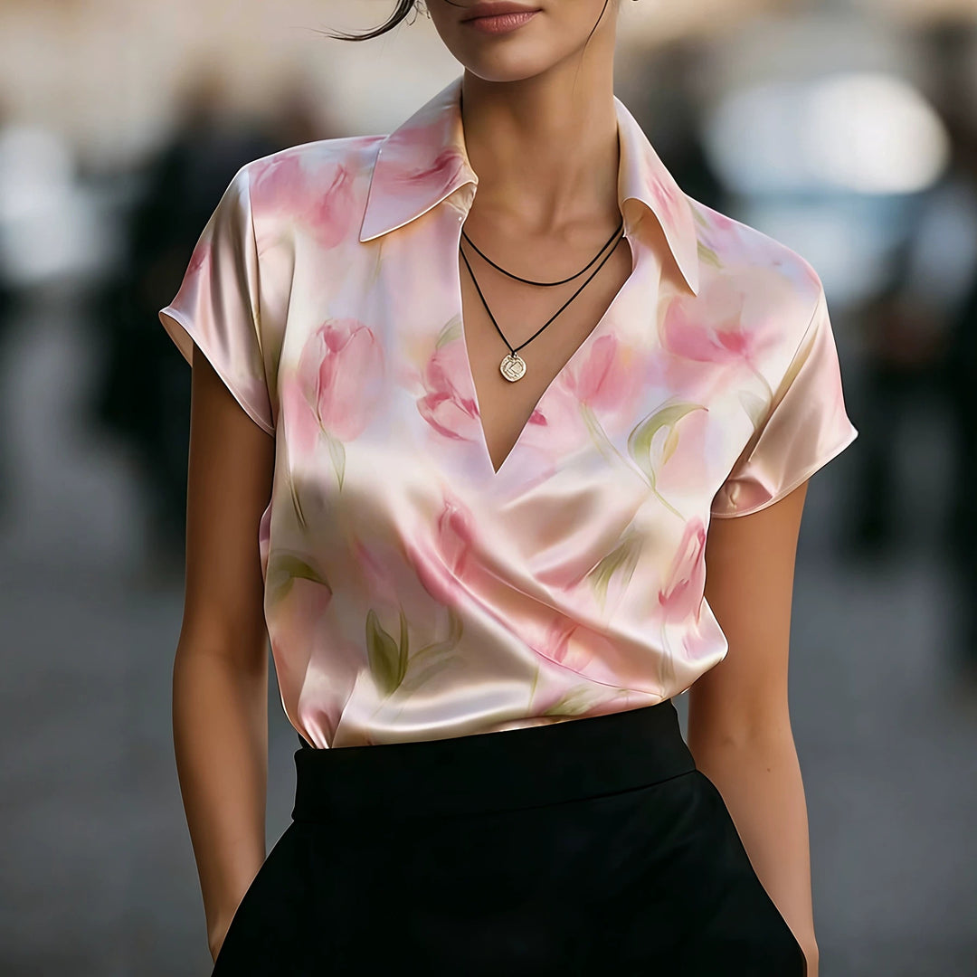 Pink floral satin V-neck short-sleeve blouse