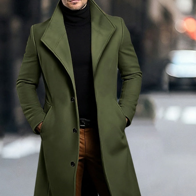 Men's mid-length wool coat, olive green, notch lapel, button-front.