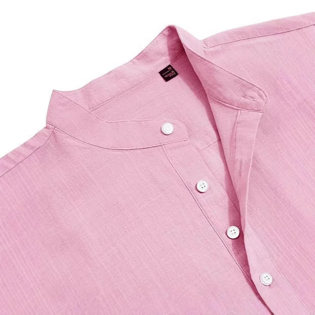 Camisa de algodón de color liso con cuello alto y manga larga para hombre