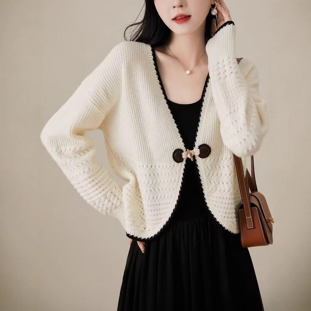 Women's V-Neck Toggle Button Soft Wool Knit Cardigan Long-Sleeve