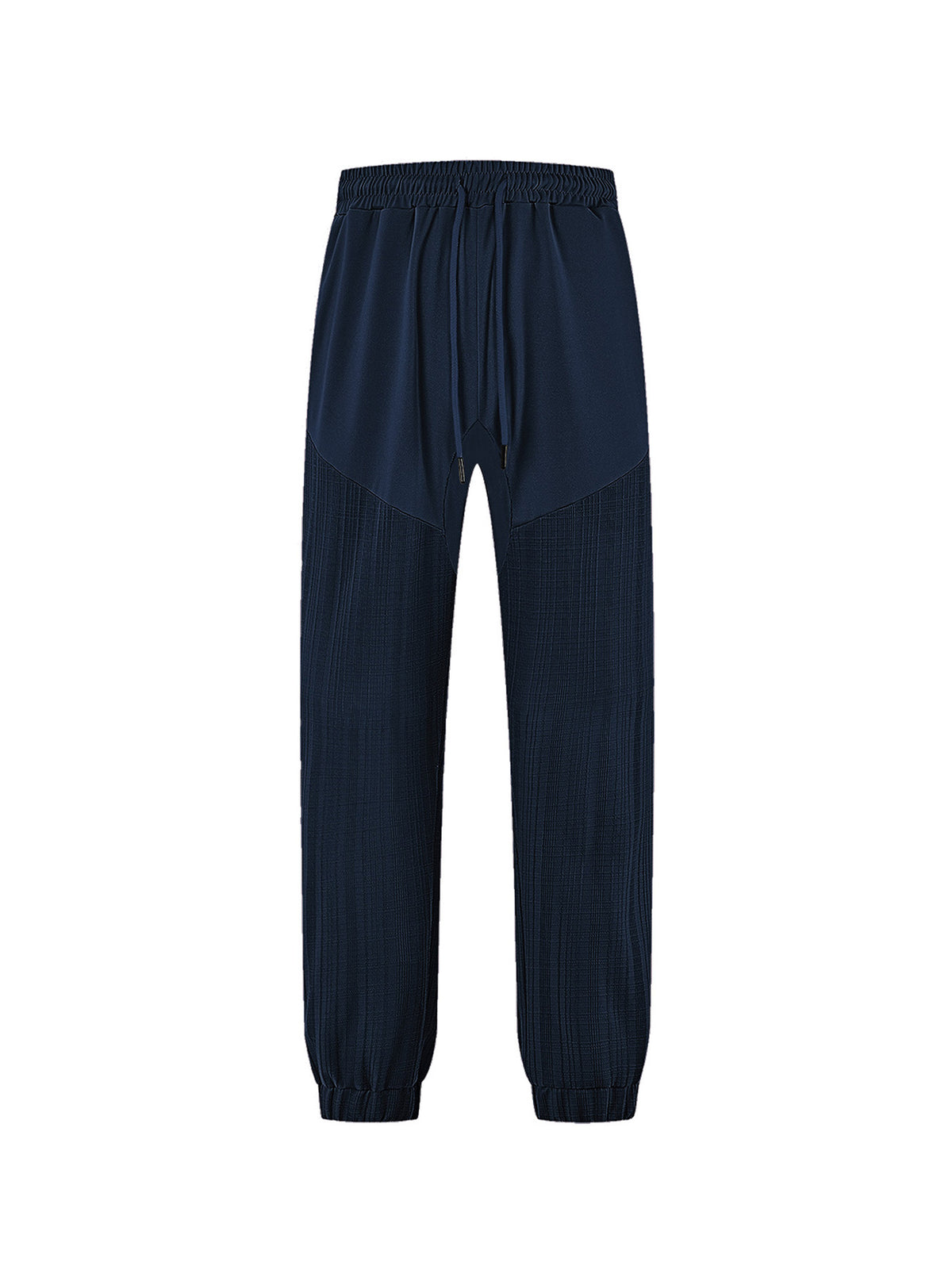 Navy jogger sweatpants with elastic waist and drawstring; tapered ankle cuffs