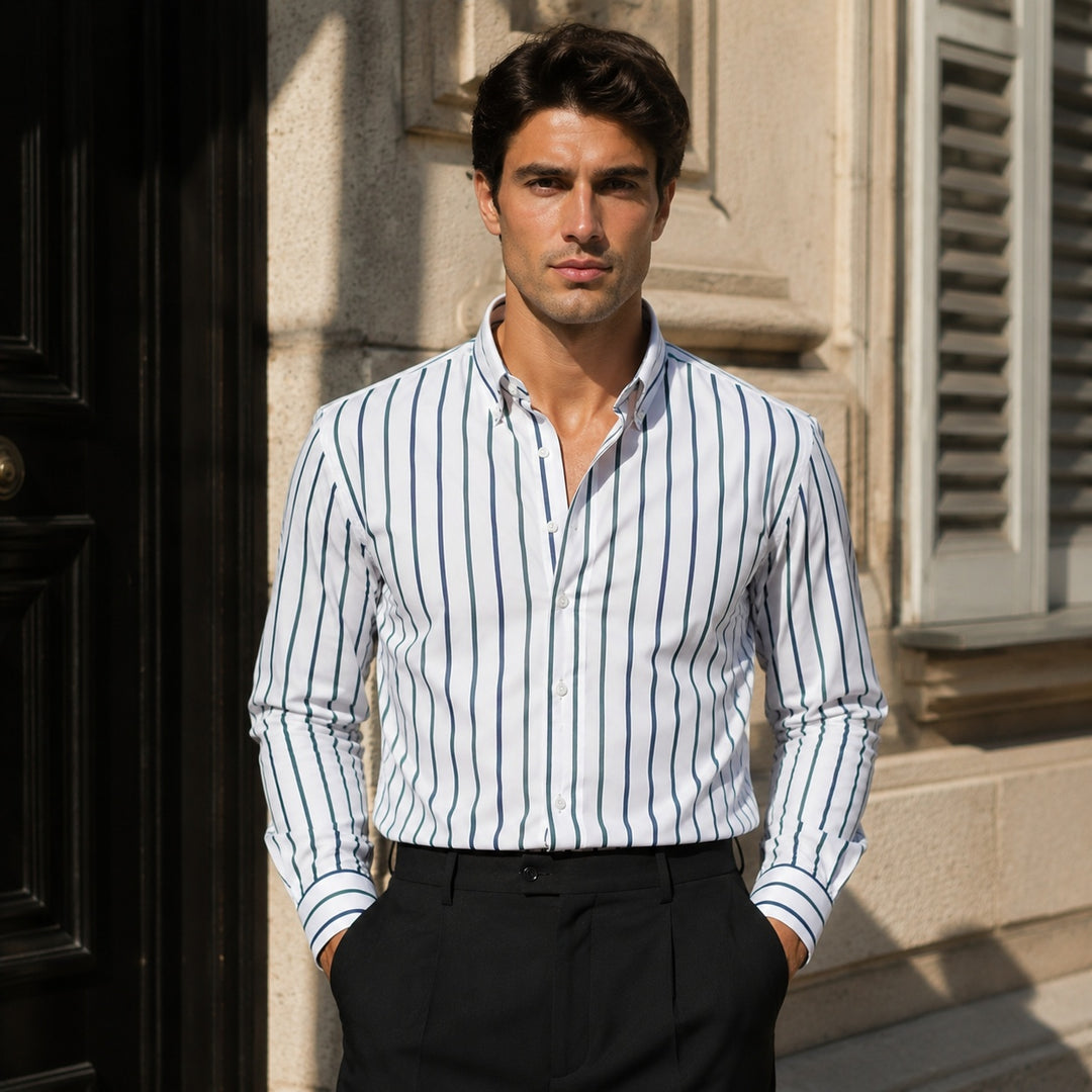 Men's vertical striped button-down shirt with long sleeves, button front, spread collar