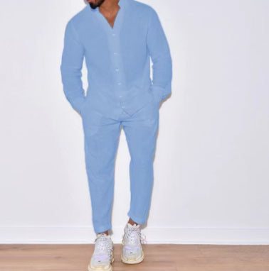 Men's linen-blend V-neck top and straight-leg pants set