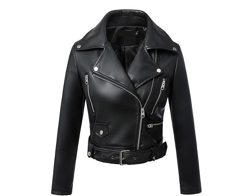 Short Slim High Waist Motorcycle Leather Jacket - WOMONA.COM