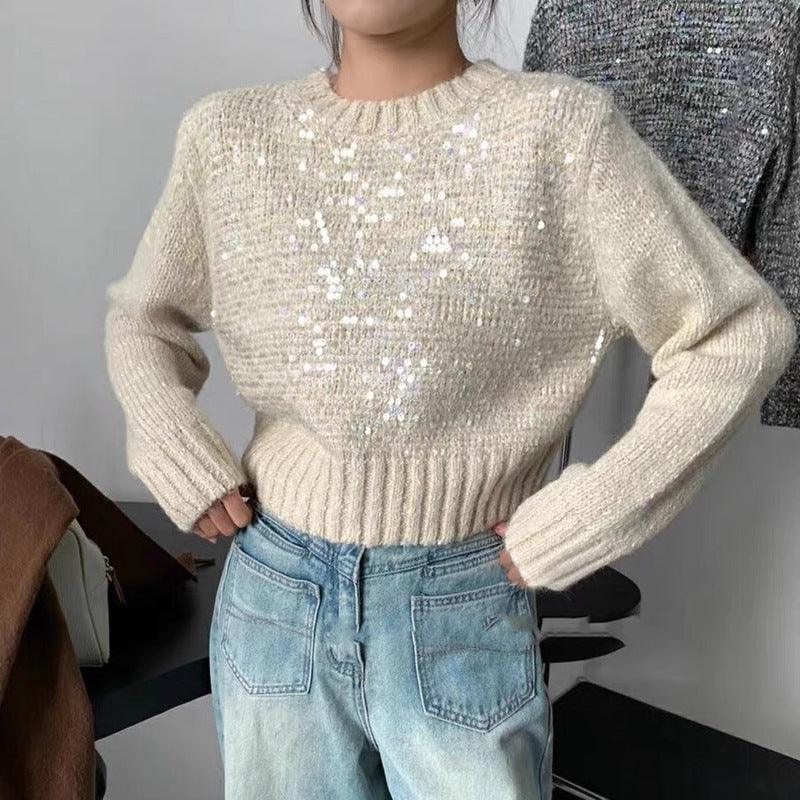 Korean Style O-neck Short Pullover Sequined Sweater - WOMONA.COM