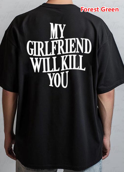 Forest green European-size T-shirt with large back text graphic, short sleeves