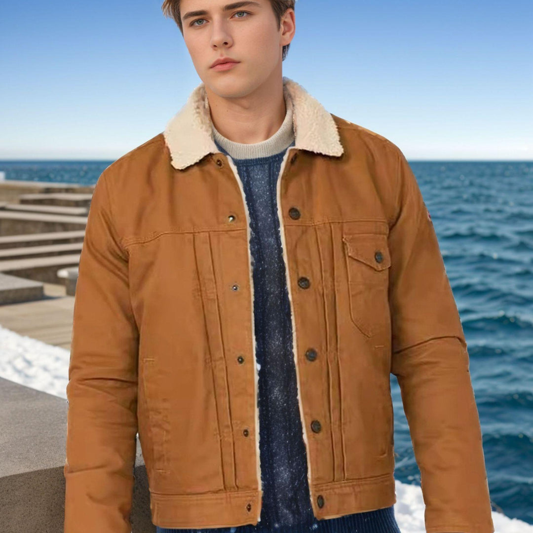 Men’s padded fleece-lined coat in tan/brown with sherpa collar and button front pockets