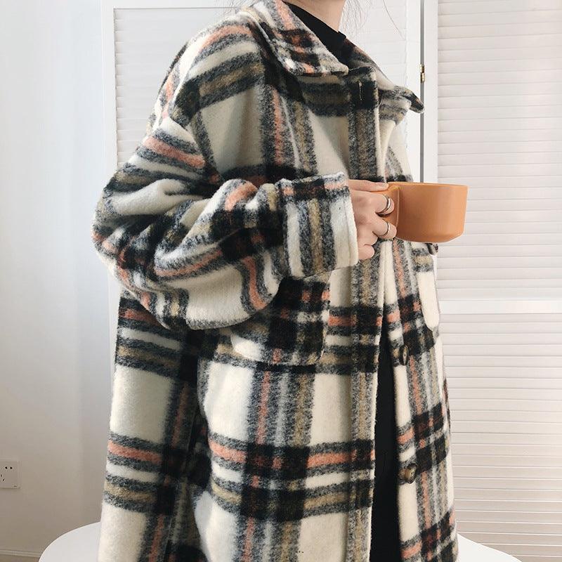 Women's thick wool plaid coat, dark and cream check, long sleeves, button front, hooded