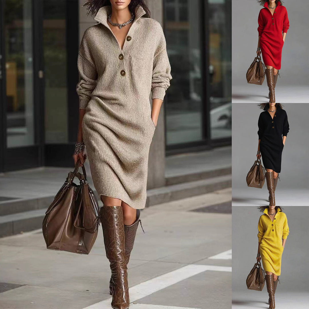 Women’s sweater dress, beige knit, button-front with stand-up collar, long sleeves