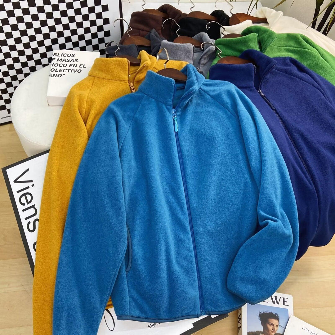 Bright blue polar fleece zip-up coat jacket with stand collar and full front zipper
