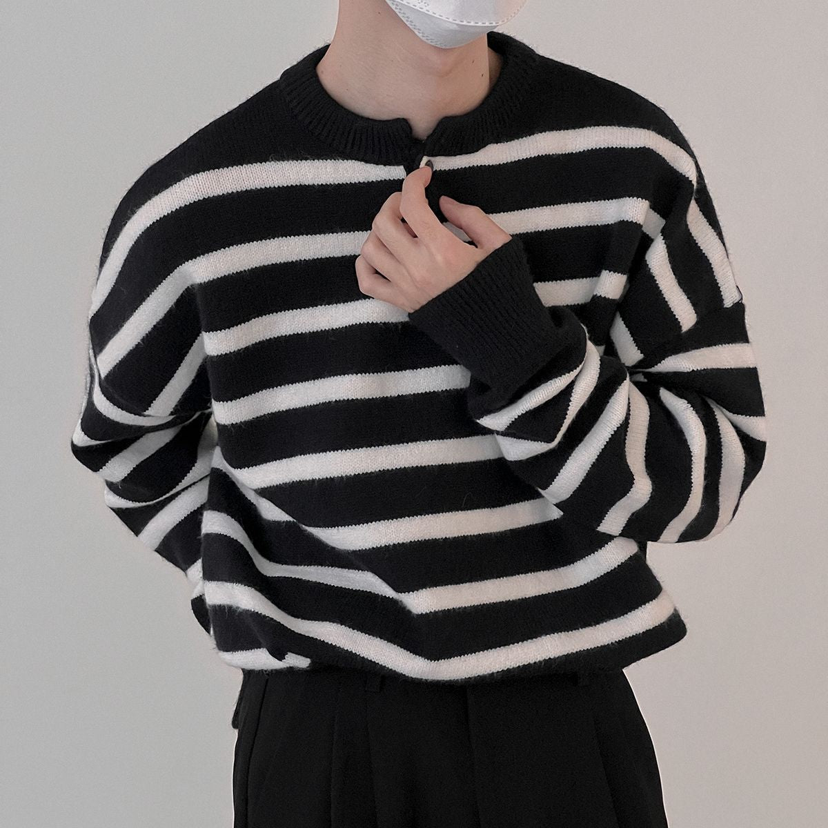 Men's Striped Button-Neck Sweater, Black - product view 4