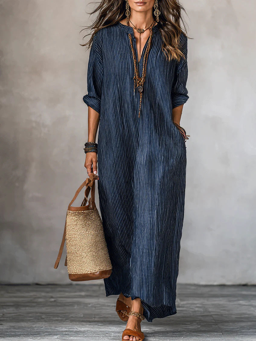 Navy blue striped V-neck loose-fit maxi dress with front opening detail