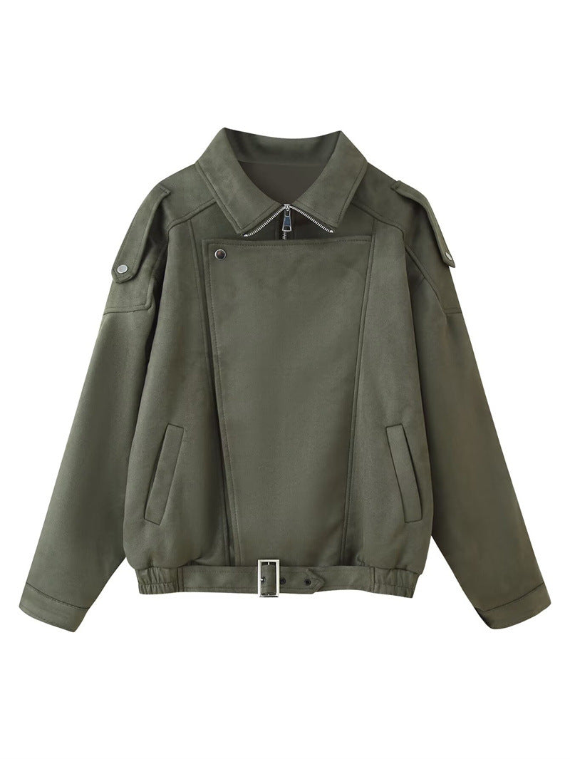 Unisex Short Faux-Leather Collared Zip Jacket, Army Green - product view 4