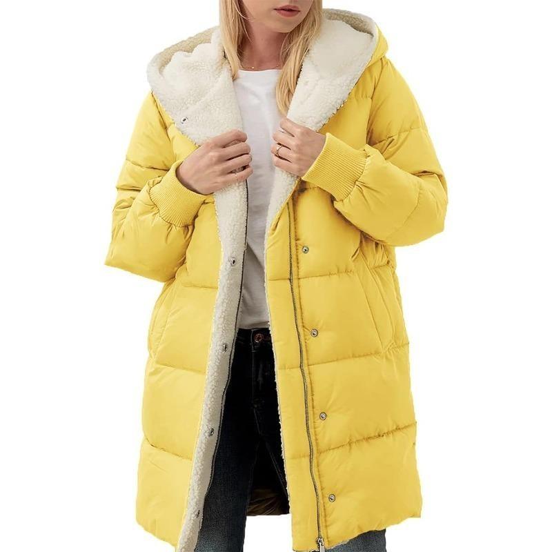 Yellow hooded cotton puffer jacket with sherpa lining and front zipper