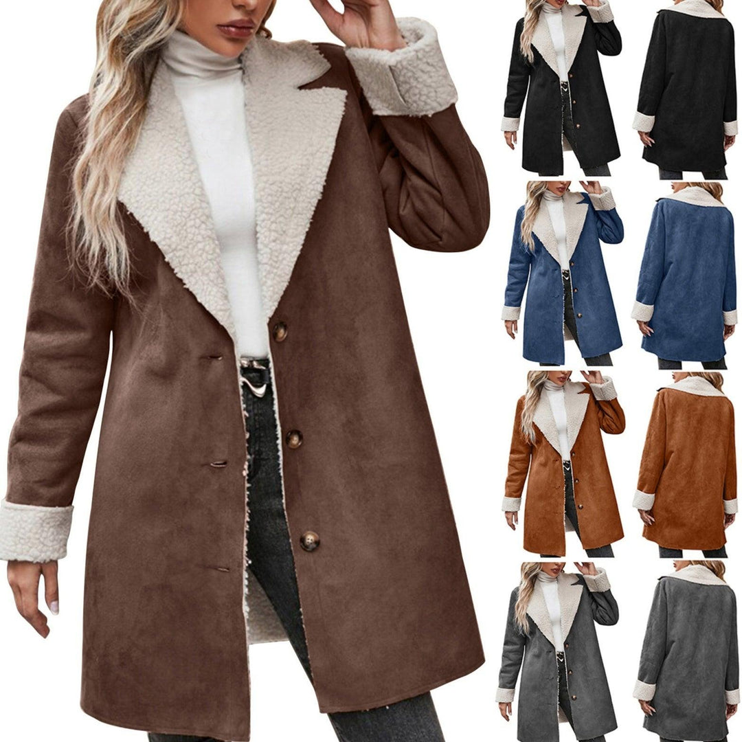 Brown long-sleeve lapel coat with plush shearling lining, button front and cuff trim.