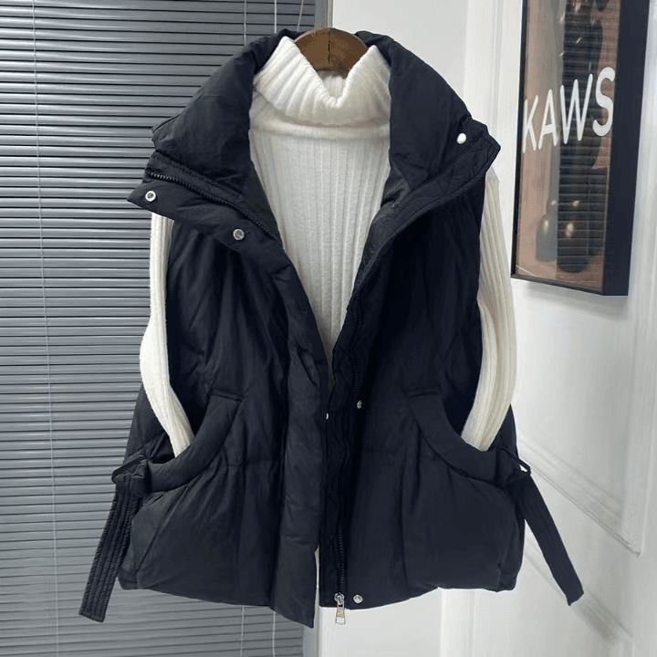 Black thick padded sleeveless waistcoat with hood, zip front and side pockets