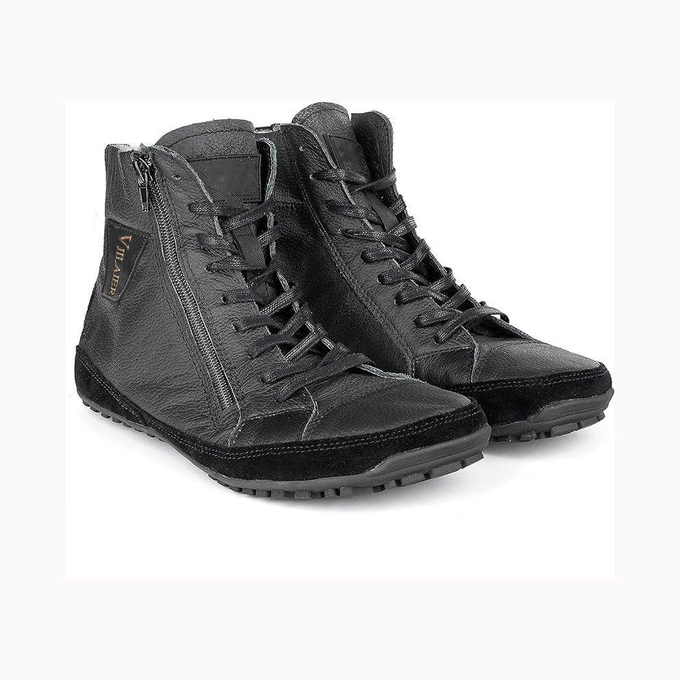Unisex ankle boots in dark charcoal leather with side zipper, lace-up front, fleece lining.