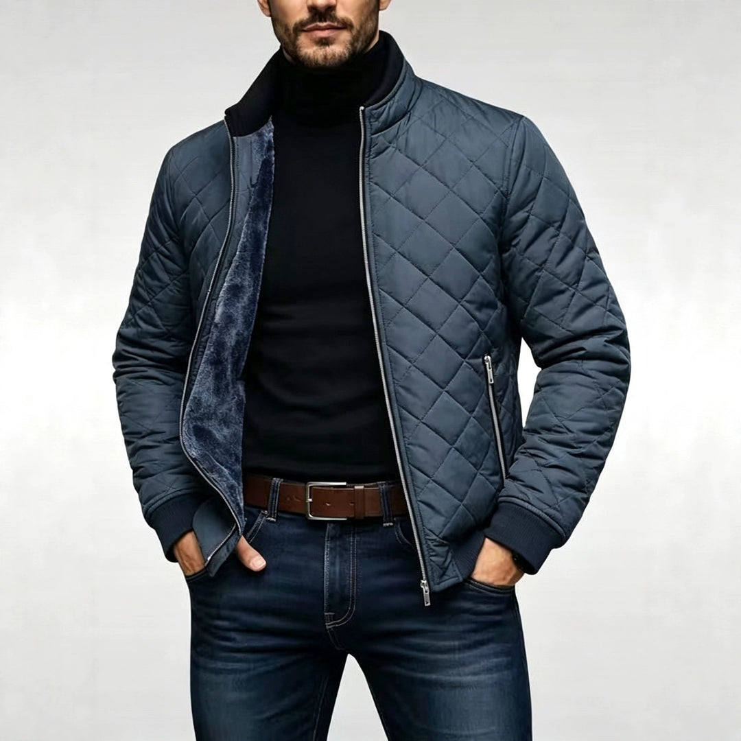 Men's padded cotton jacket, dark blue quilted diamond pattern, zip front