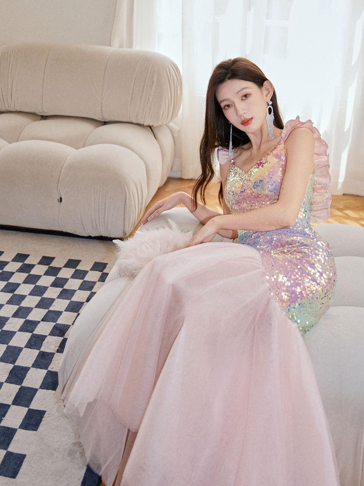 Pink sequin camisole evening dress with sheer tulle skirt and thin straps