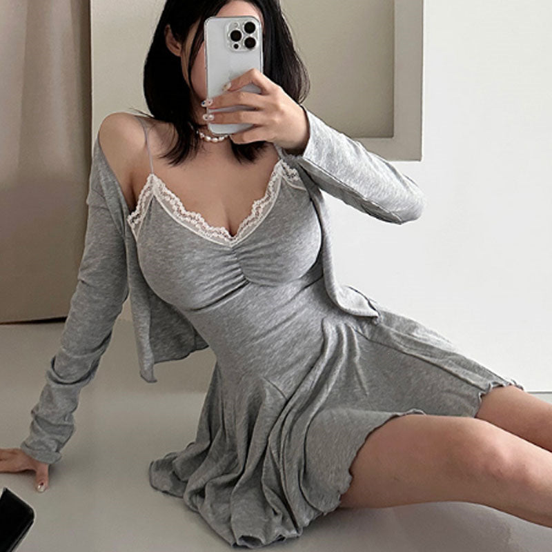 Spring And Summer New Lace Stitching Pleated Sling Dress Women - WOMONA.COM