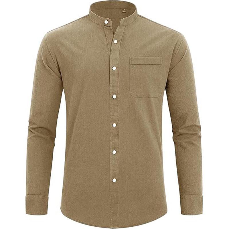Men's Stand Collar Long Sleeve Solid Color Cotton Shirt - WOMONA.COM