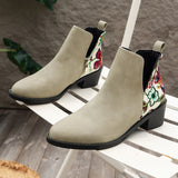 Flowers Printed Ankle Boots Fashion Side Zipper V- - WOMONA.COM