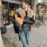 Real Shot Brown Rabbit Fur Liner Leather Jacket - WOMONA.COM