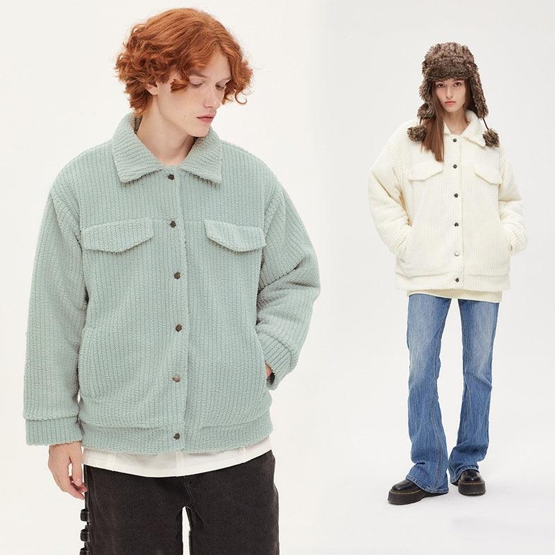 Vertical Striped Lamb Wool Cotton Coat With Solid Color Couple's Top - WOMONA.COM