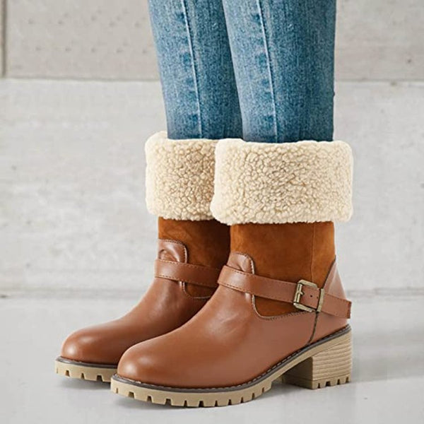 Fashion Boots With Buckle Chunky Heel Shoes Warm Winter - WOMONA.COM