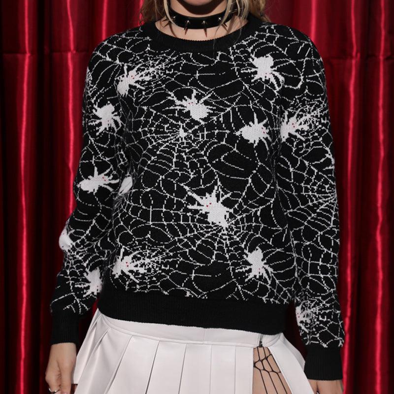 Black Spider Halloween Costume Round Neck Loose Sweater - WOMONA.COM