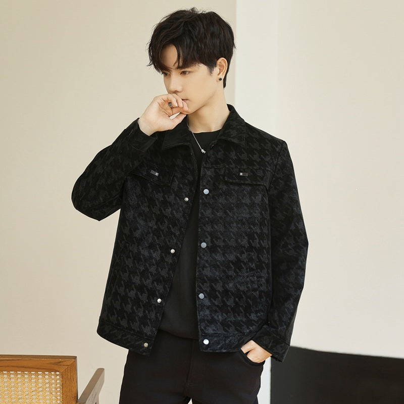 Black quilted houndstooth PU leather jacket, button front and stand collar