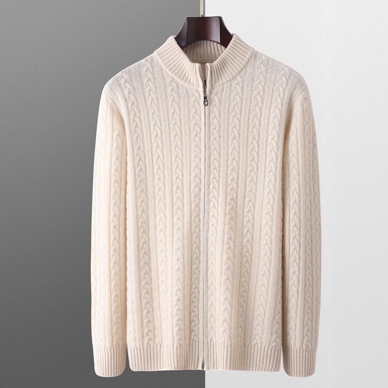 Men’s beige cable-knit half-high collar zipper sweater, long sleeves