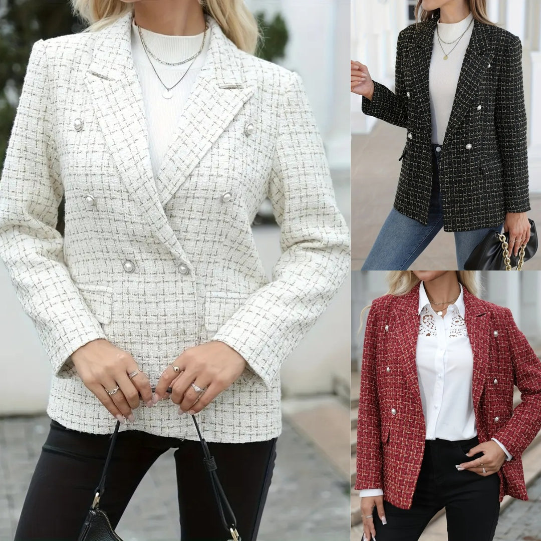 Women's double-breasted white blazer with textured tweed and gold-tone buttons