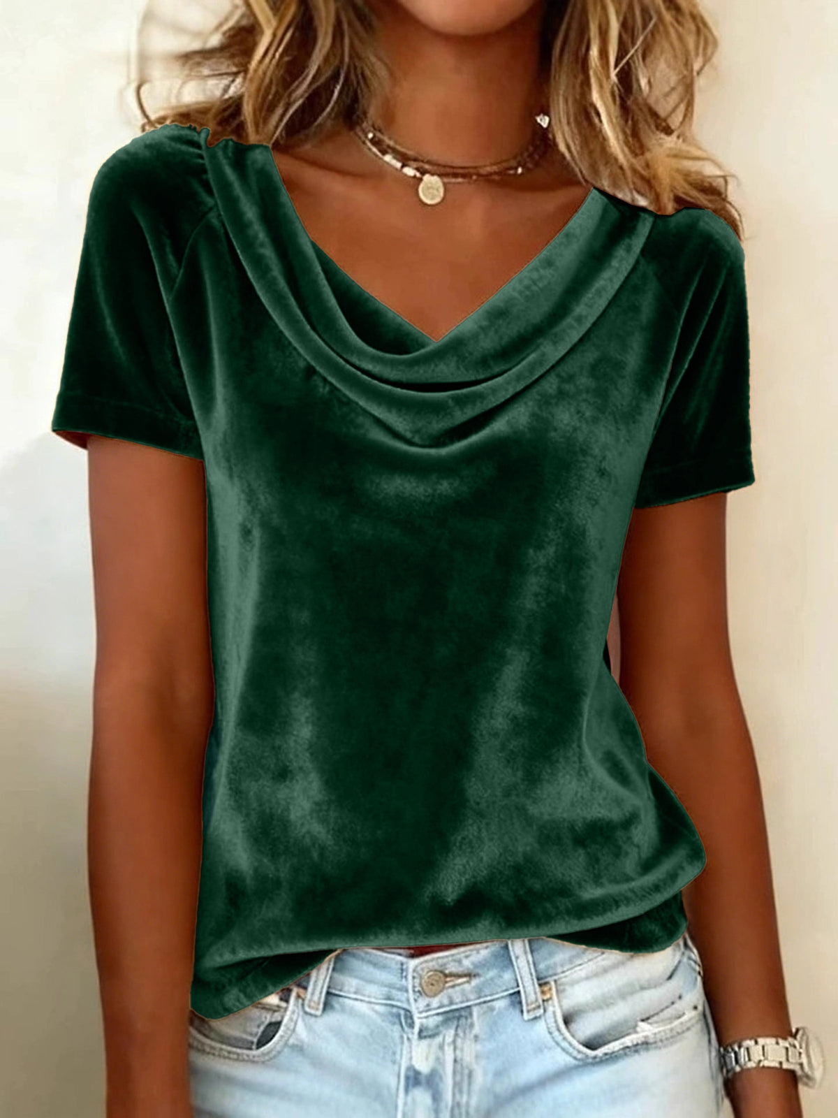 Velvet scoop-neck short-sleeve T-shirt in dark green, draped cowl neckline