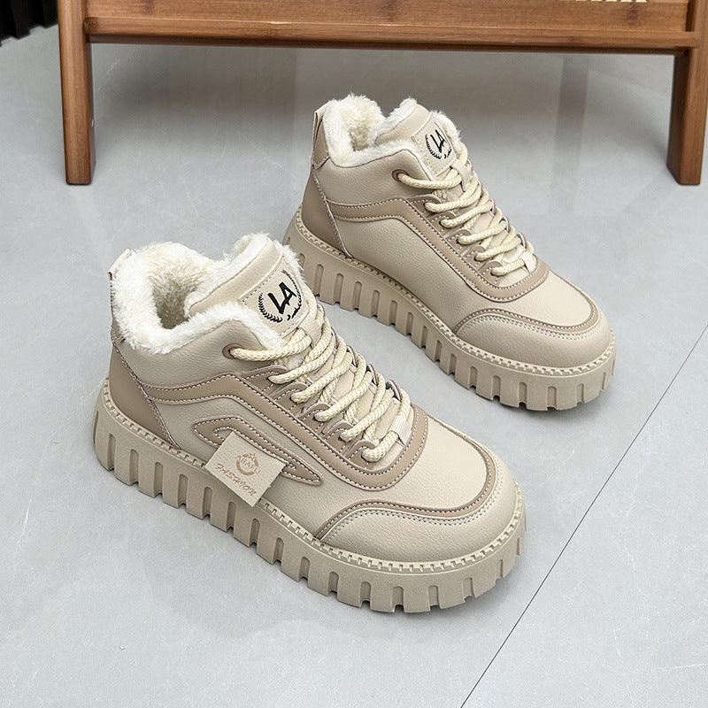 Women’s beige high-top fleece-lined board shoes with chunky ridged sole