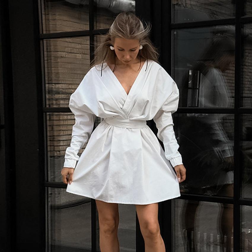 White Puff Sleeve Dress Women's V-neck A- Line - WOMONA.COM
