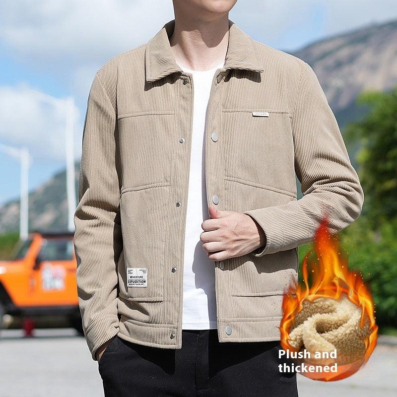 Beige corduroy-style jacket with button front, chest pockets, and fleece lining