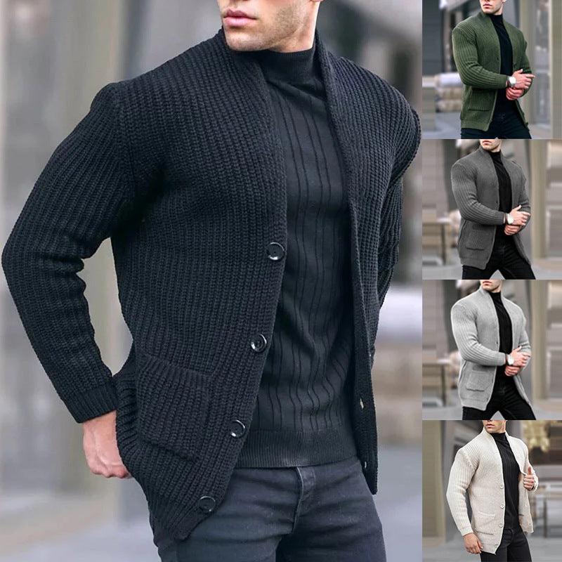 Men's black knit cardigan sweater with button front and ribbed hem, patch pocket