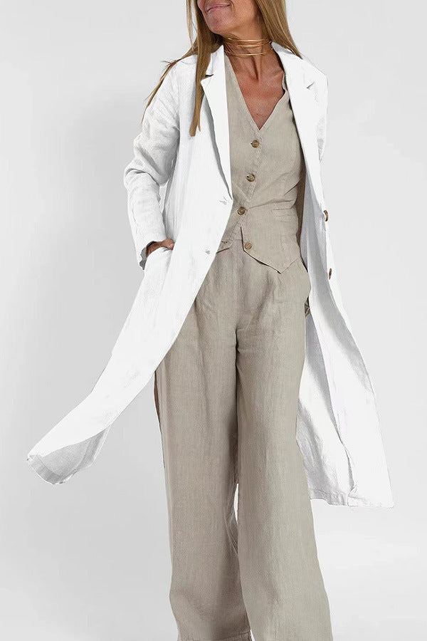 Casual Cotton Linen Suit Collar Pocket Trench Coat