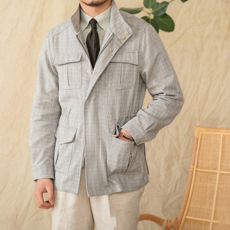Gray cotton-linen safari jacket with stand-up collar, button front, chest pockets