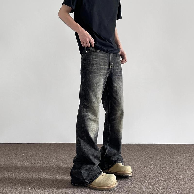Retro Yellow Mud Dyed Cat Beard Worn Jeans - WOMONA.COM