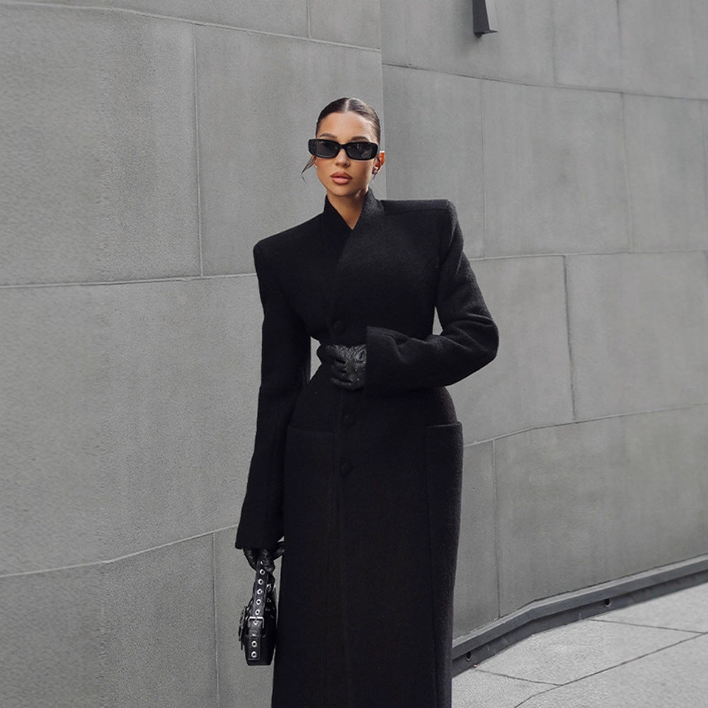 Women's faux fur collar waist-cinched long coat