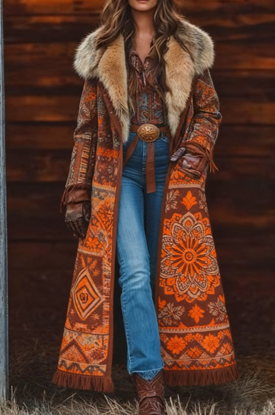 Women’s long printed coat with tan faux-fur collar, orange geometric pattern